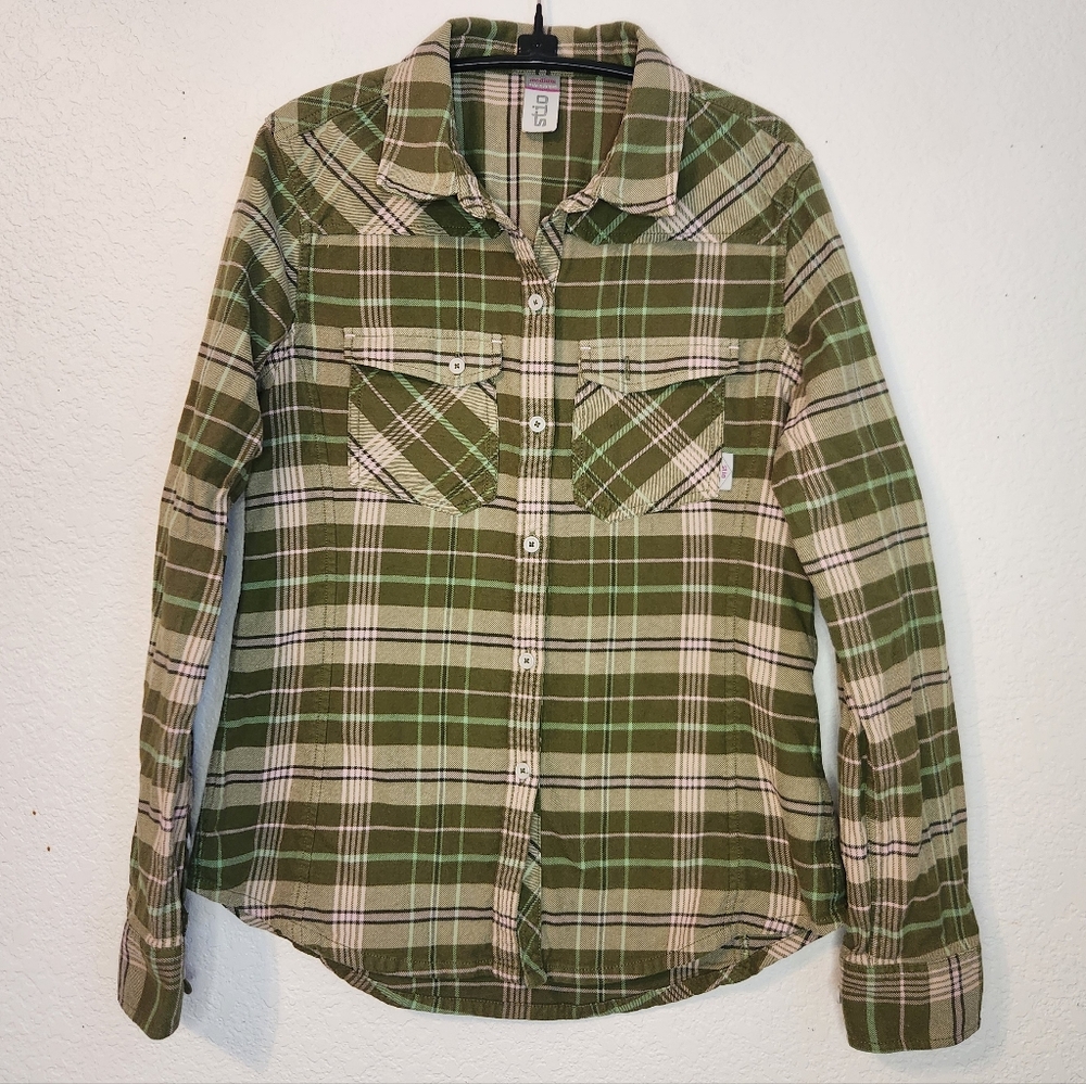 Stio Olive and White Plaid Flannel‎ Button-Up Women's Shirt, Size M